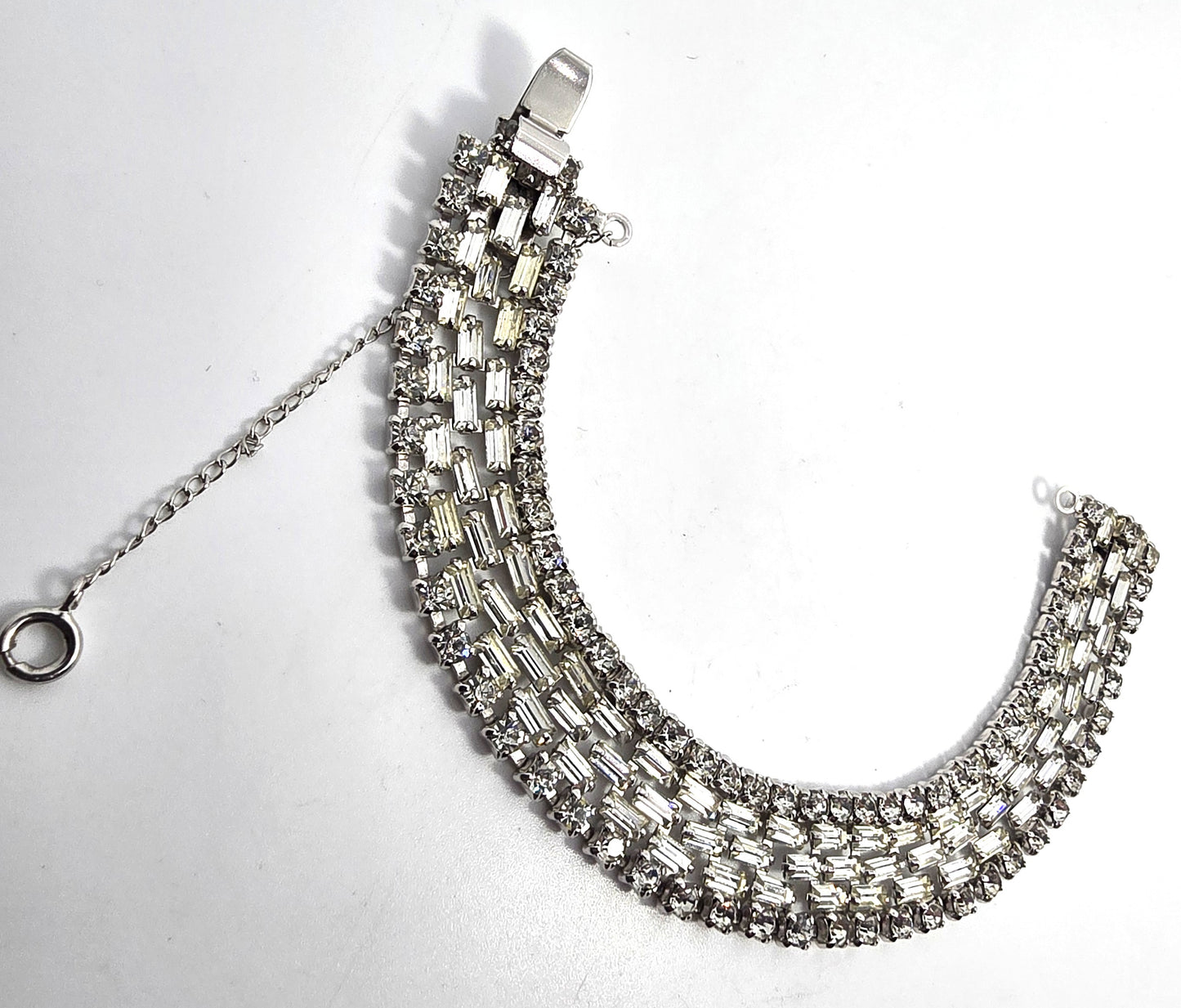 Large 5 row clear rhinestone mid century vintage cuff statement bracelet