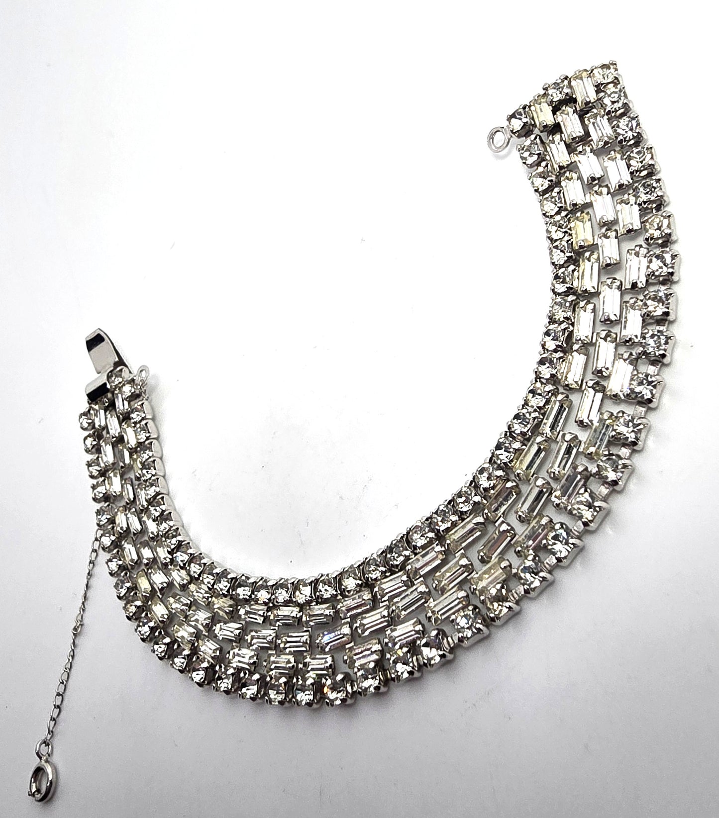 Large 5 row clear rhinestone mid century vintage cuff statement bracelet
