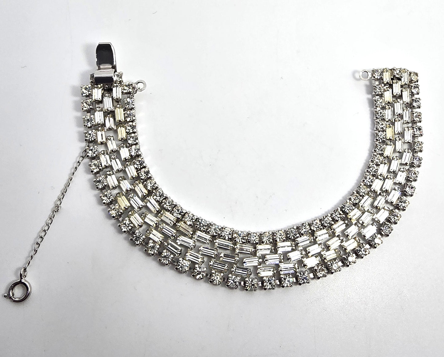 Large 5 row clear rhinestone mid century vintage cuff statement bracelet