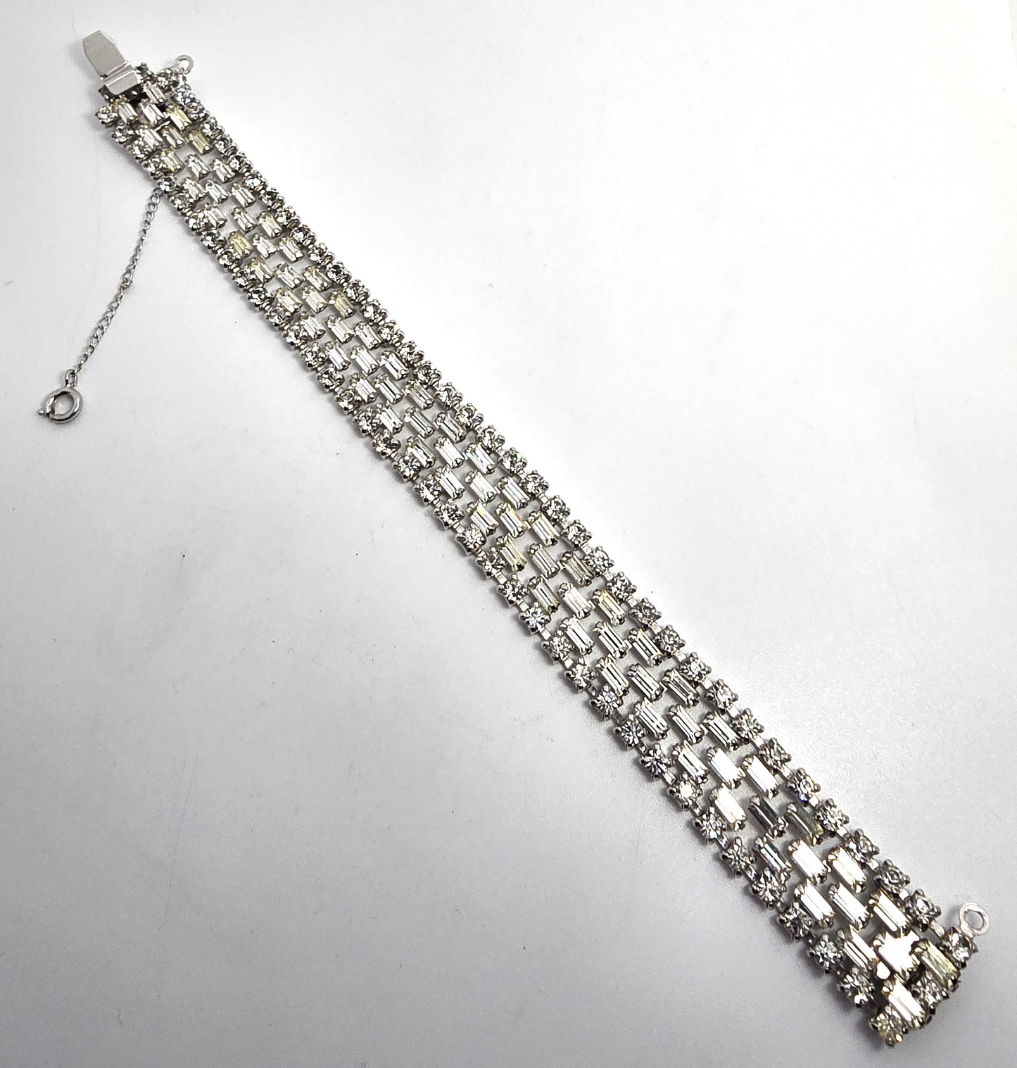 Large 5 row clear rhinestone mid century vintage cuff statement bracelet