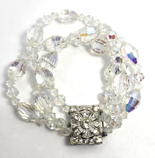 Triple strand vintage barrel beaded Austrian Crystal rhinestone clasp bracelet