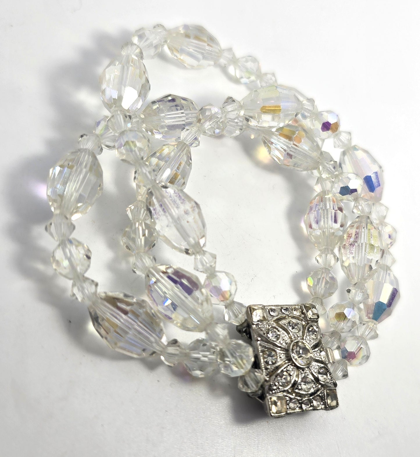 Triple strand vintage barrel beaded Austrian Crystal rhinestone clasp bracelet