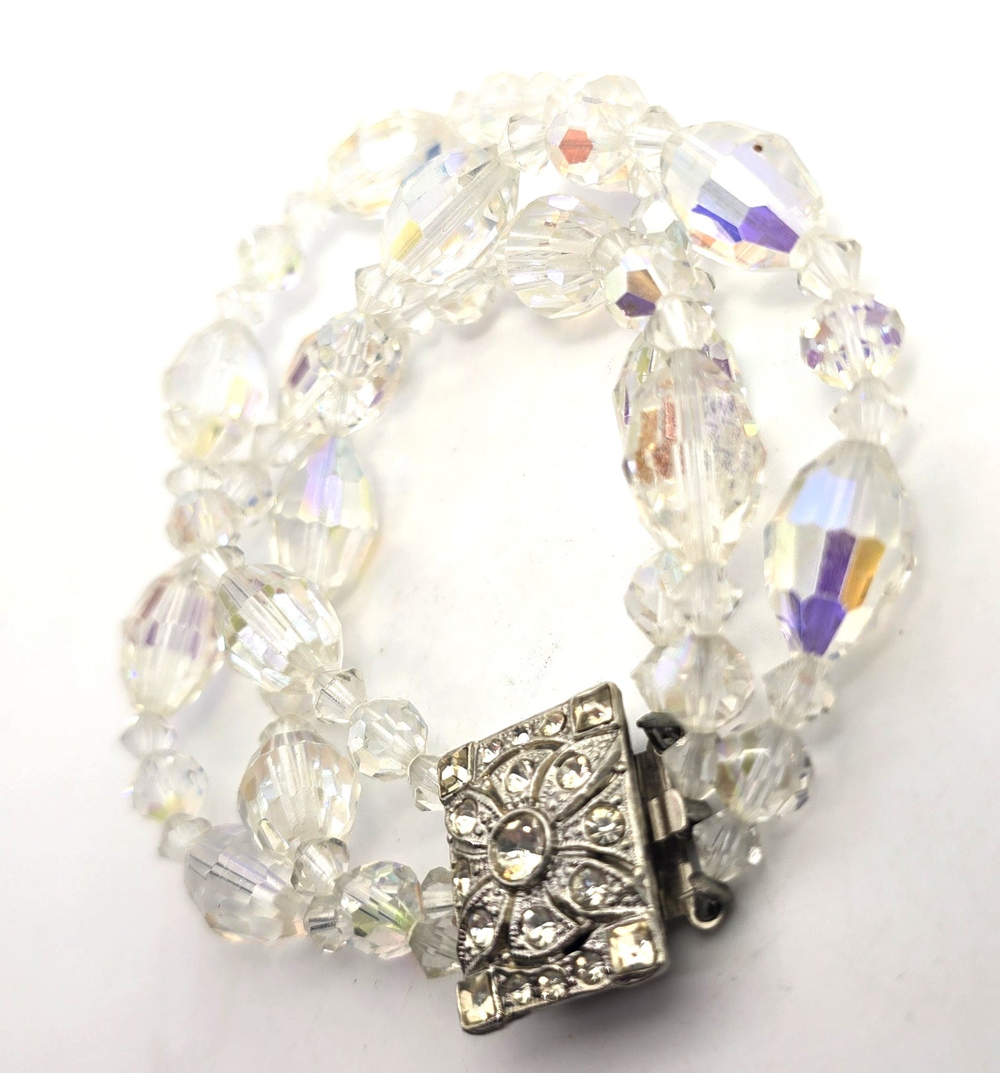 Triple strand vintage barrel beaded Austrian Crystal rhinestone clasp bracelet