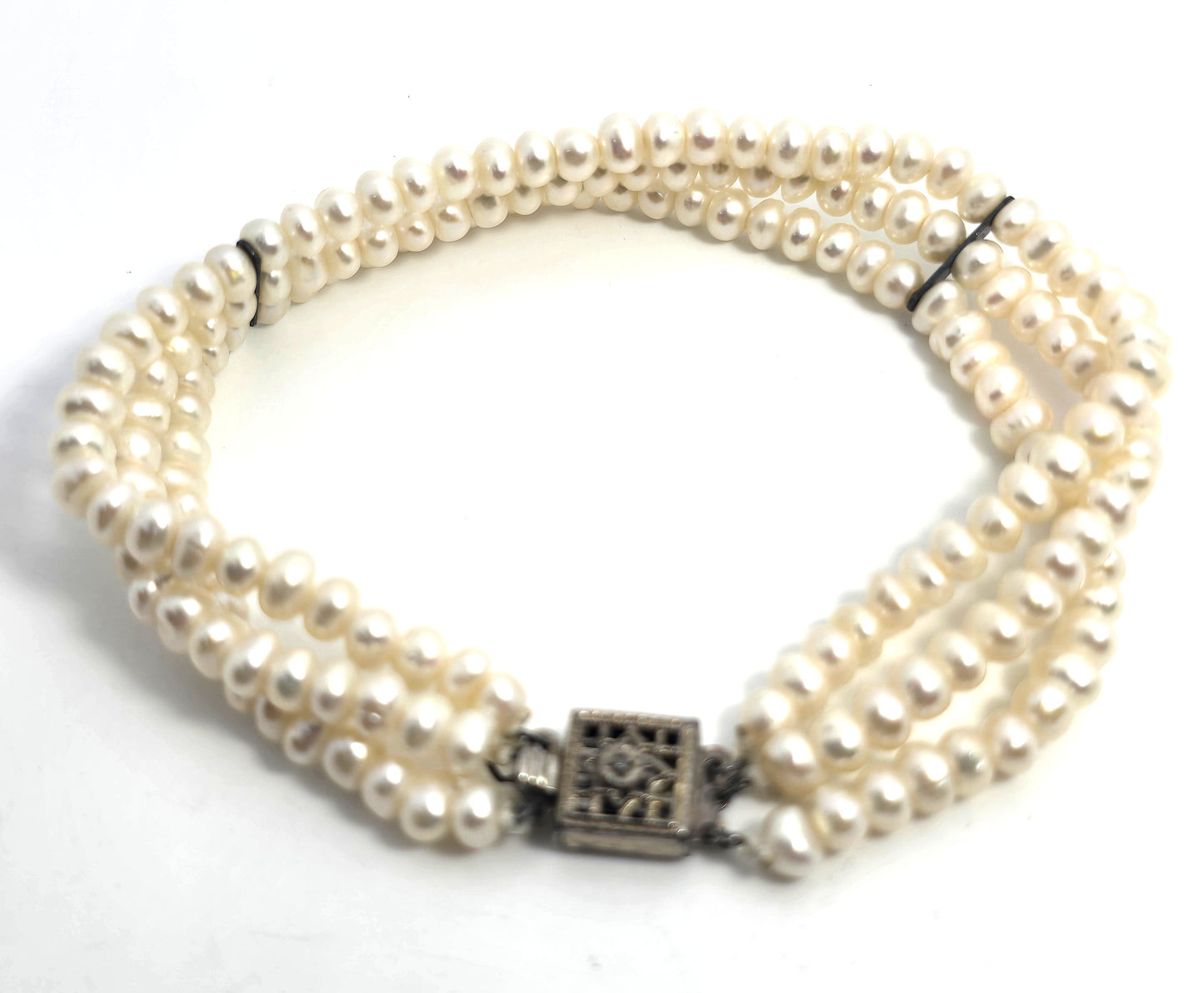 Cream three strand freshwater 4mm pearl vintage sterling silver tennis bracelet