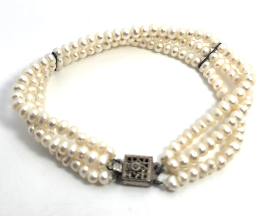 Cream three strand freshwater 4mm pearl vintage sterling silver tennis bracelet