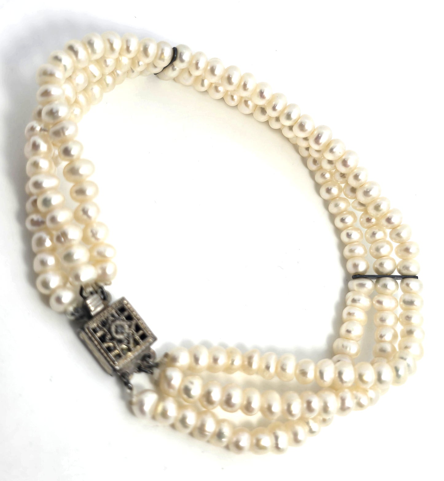 Cream three strand freshwater 4mm pearl vintage sterling silver tennis bracelet