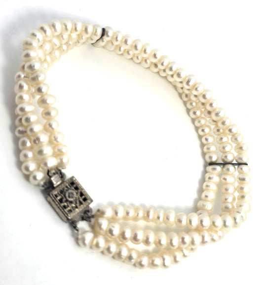 Cream three strand freshwater 4mm pearl vintage sterling silver tennis bracelet