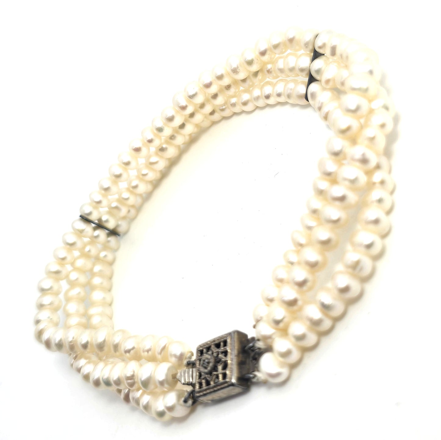 Cream three strand freshwater 4mm pearl vintage sterling silver tennis bracelet