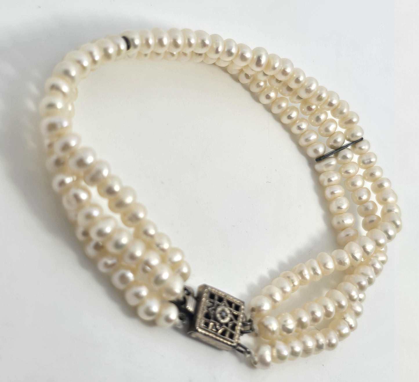 Cream three strand freshwater 4mm pearl vintage sterling silver tennis bracelet