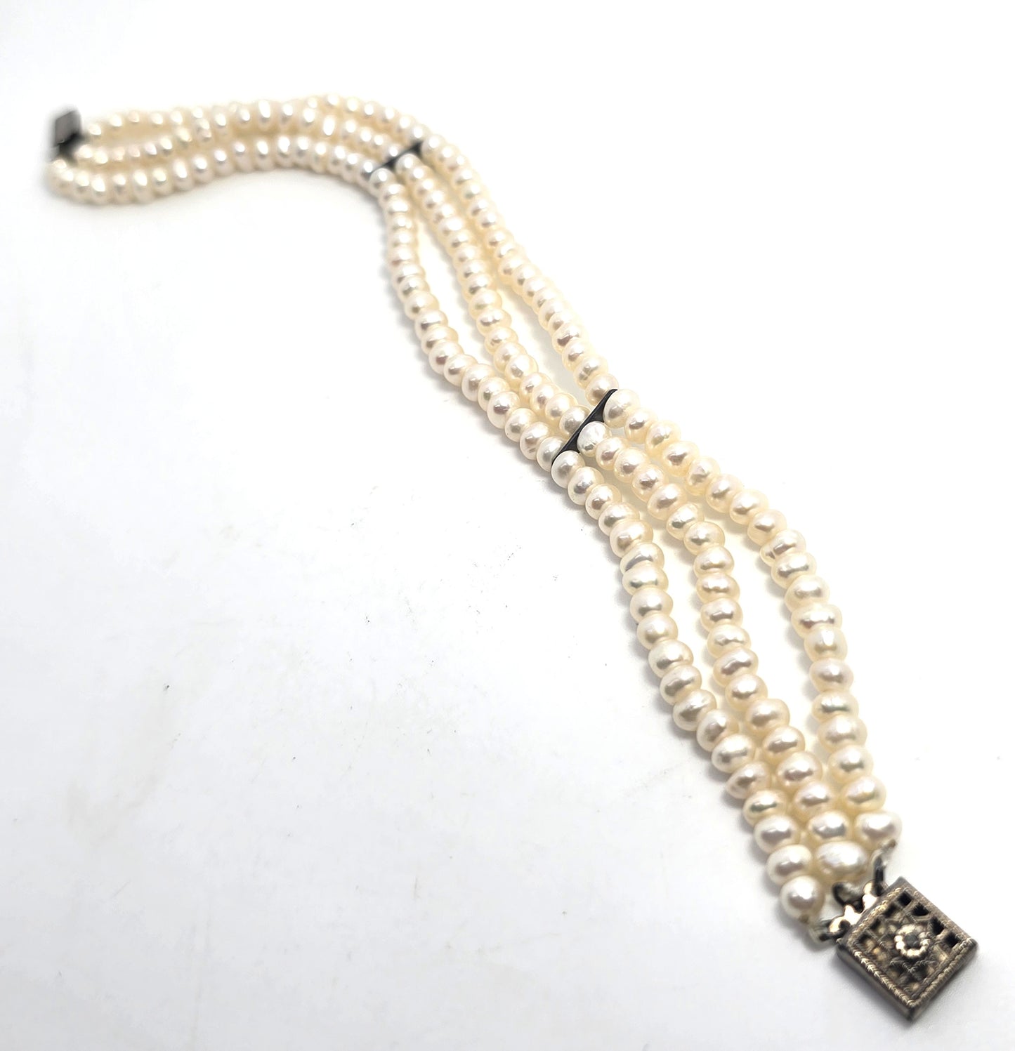Cream three strand freshwater 4mm pearl vintage sterling silver tennis bracelet