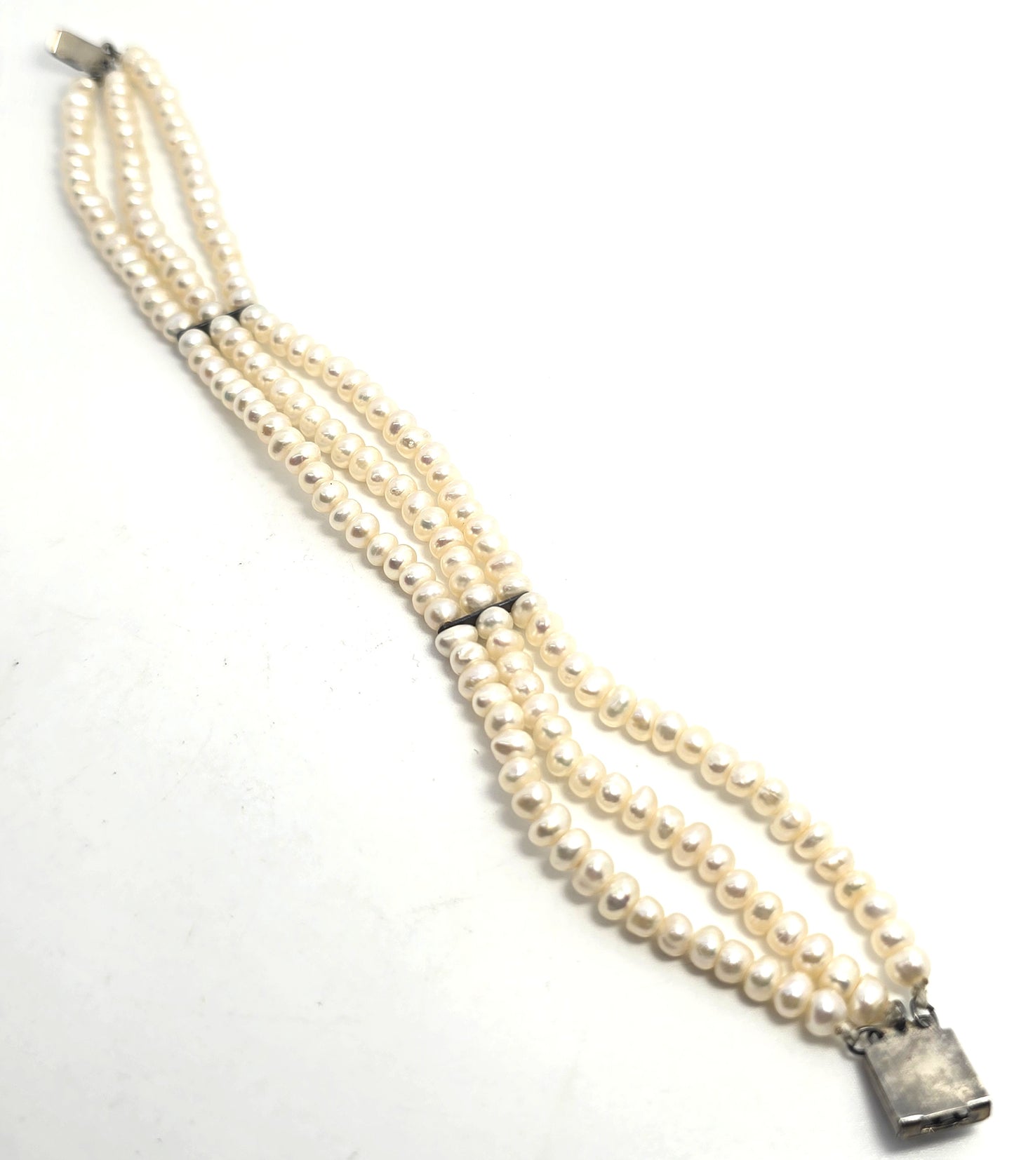 Cream three strand freshwater 4mm pearl vintage sterling silver tennis bracelet