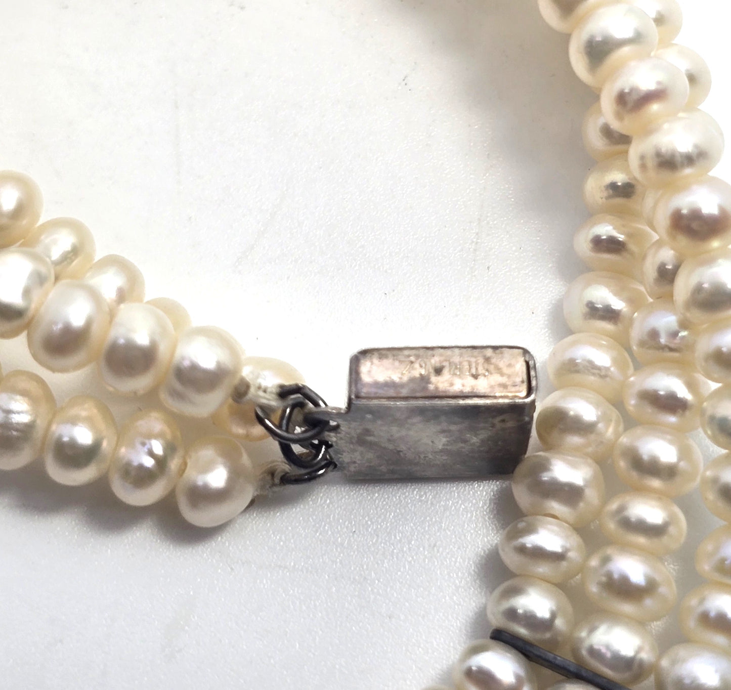 Cream three strand freshwater 4mm pearl vintage sterling silver tennis bracelet