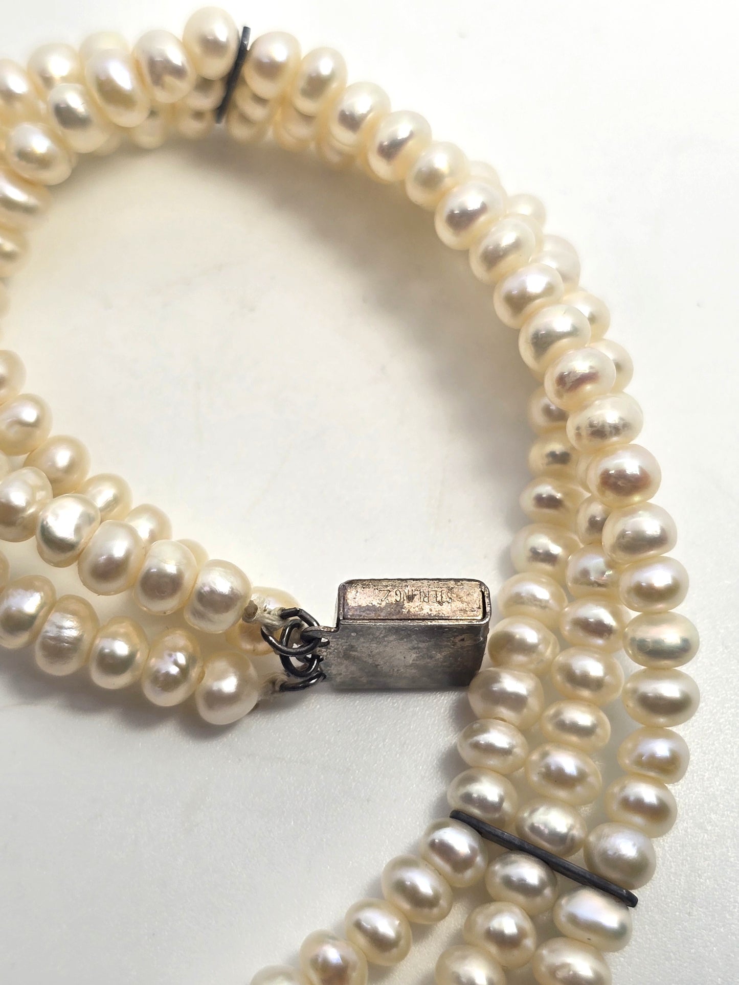 Cream three strand freshwater 4mm pearl vintage sterling silver tennis bracelet