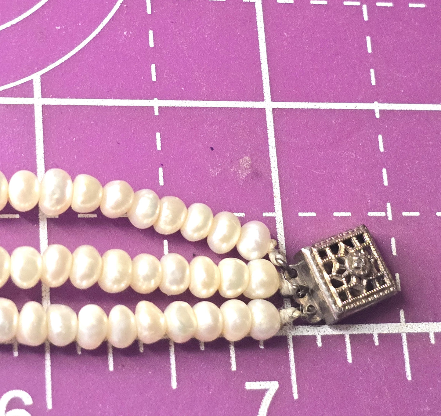 Cream three strand freshwater 4mm pearl vintage sterling silver tennis bracelet