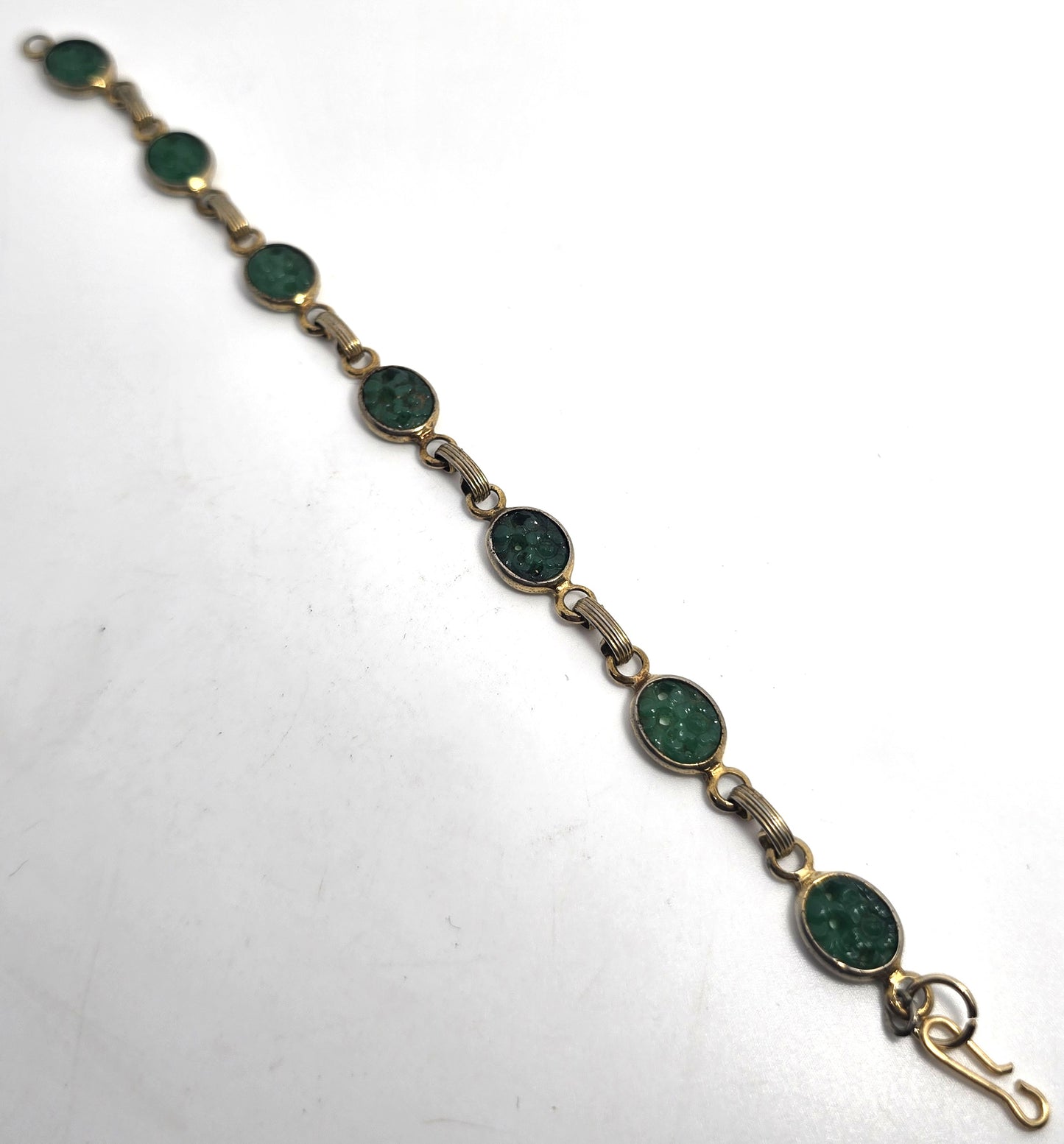Pierced Jade glass lotus flower vintage retro gold toned tennis bracelet