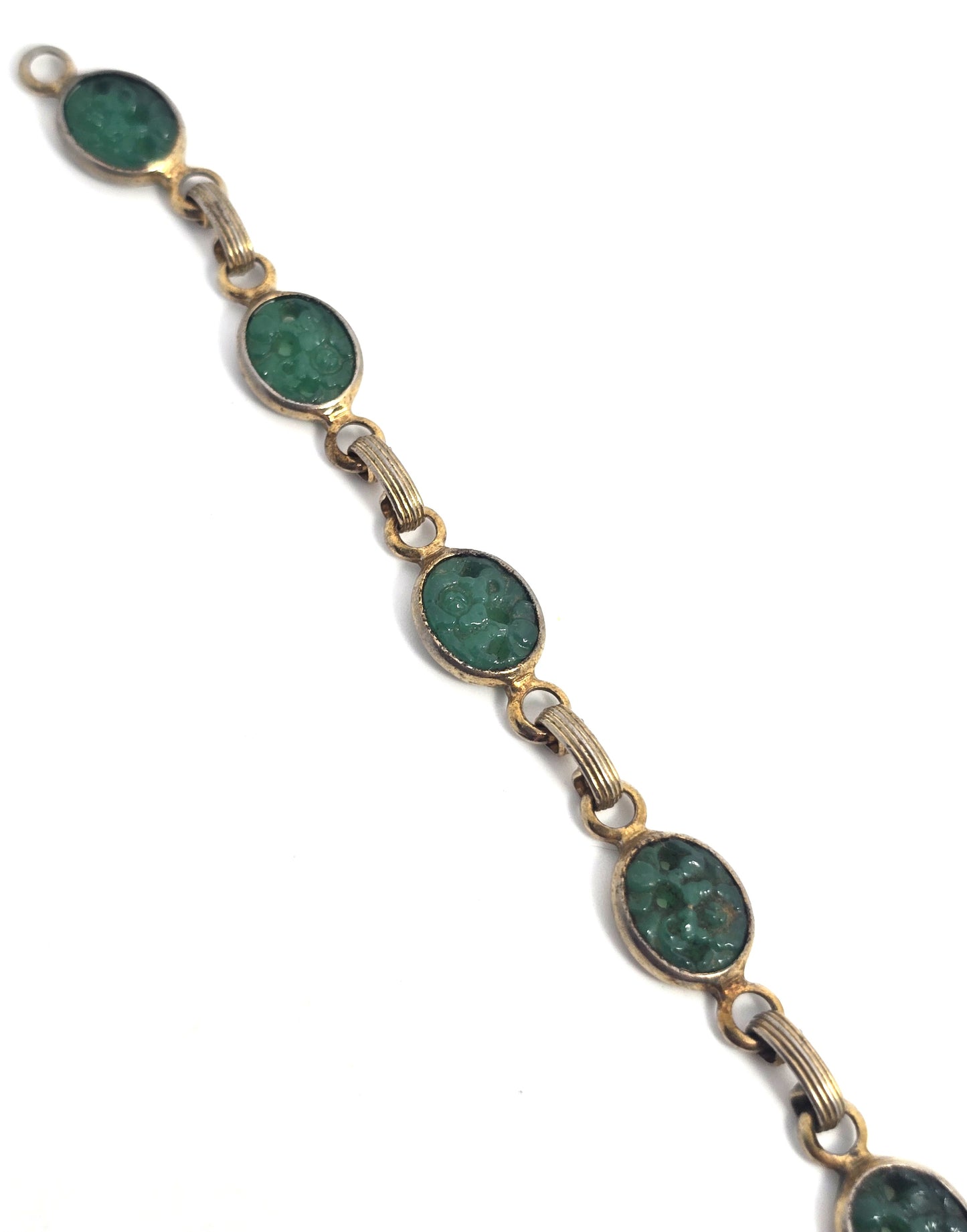 Pierced Jade glass lotus flower vintage retro gold toned tennis bracelet