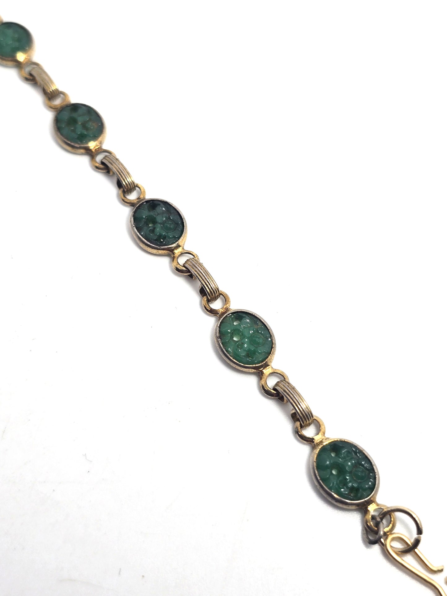 Pierced Jade glass lotus flower vintage retro gold toned tennis bracelet