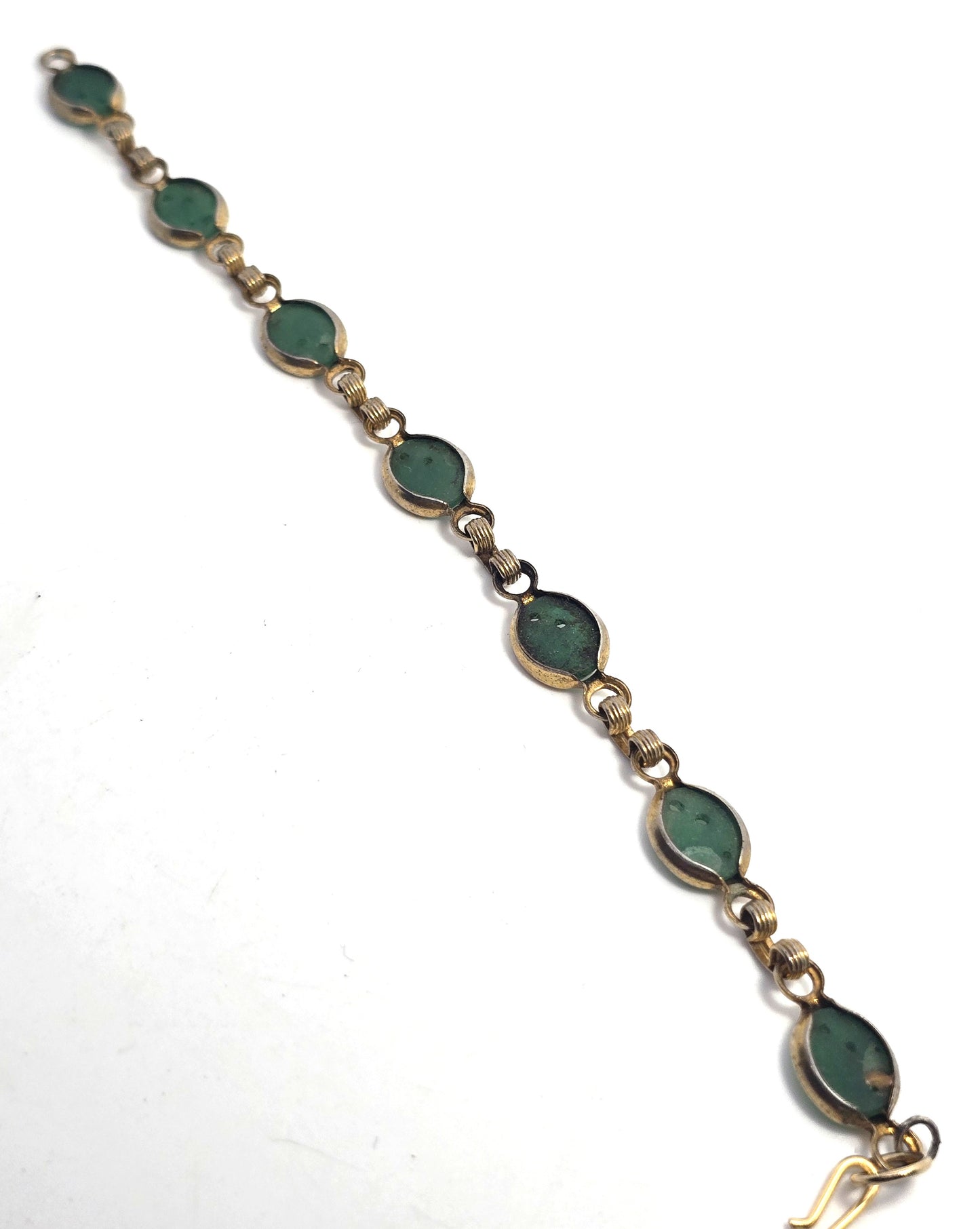 Pierced Jade glass lotus flower vintage retro gold toned tennis bracelet
