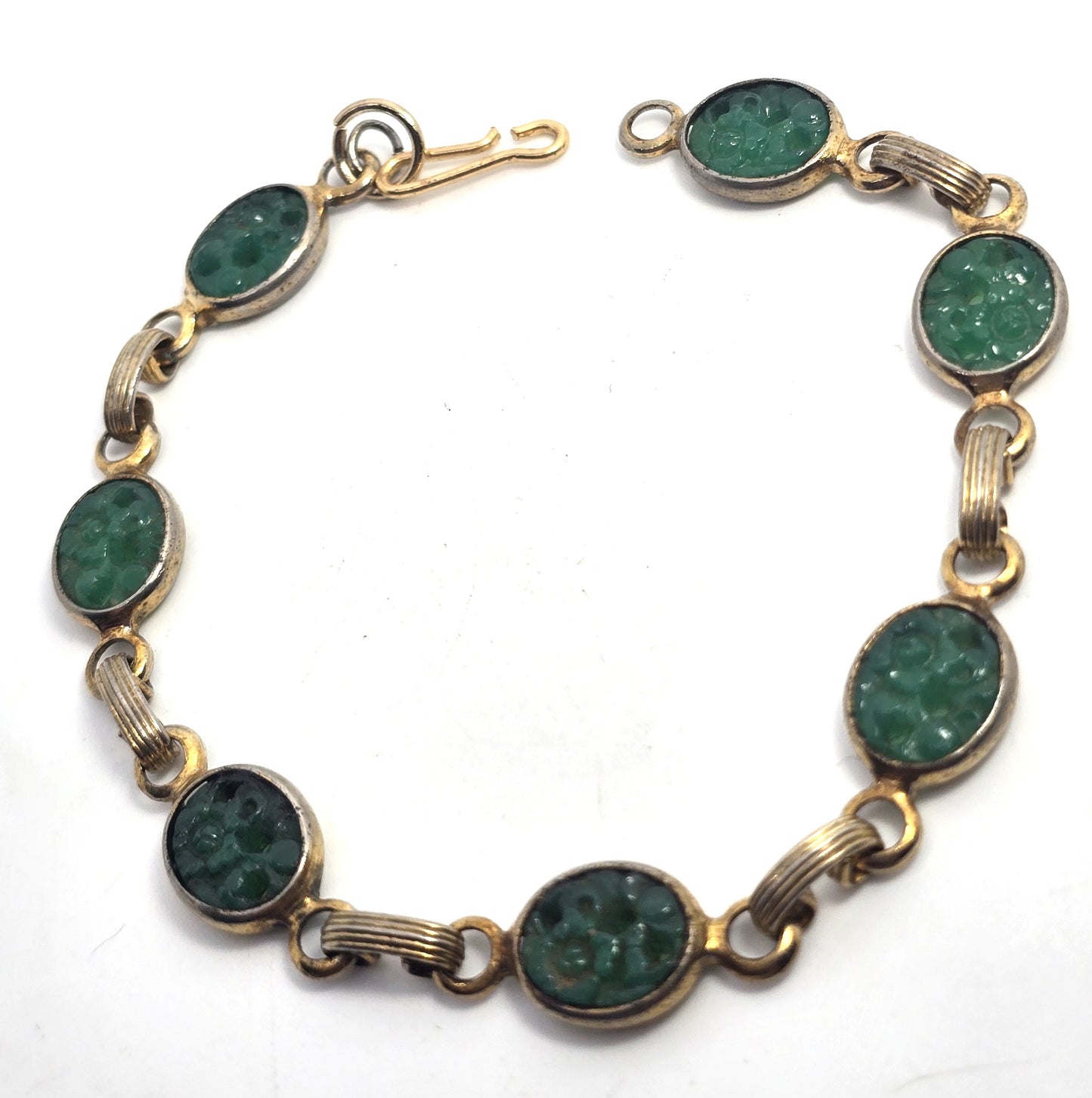 Pierced Jade glass lotus flower vintage retro gold toned tennis bracelet