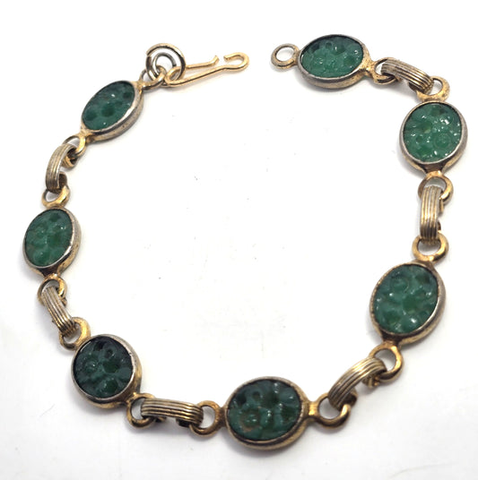 Pierced Jade glass lotus flower vintage retro gold toned tennis bracelet