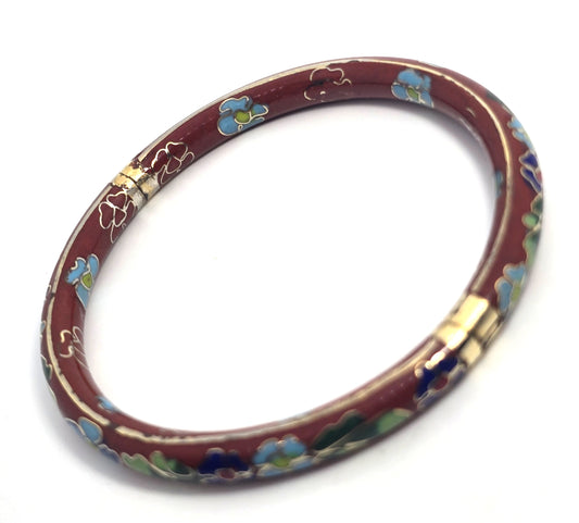 Brown Cloisonne enamel Blue and green flower vintage hinged bangle bracelet