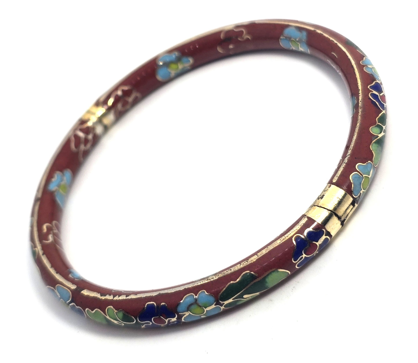 Brown Cloisonne enamel Blue and green flower vintage hinged bangle bracelet