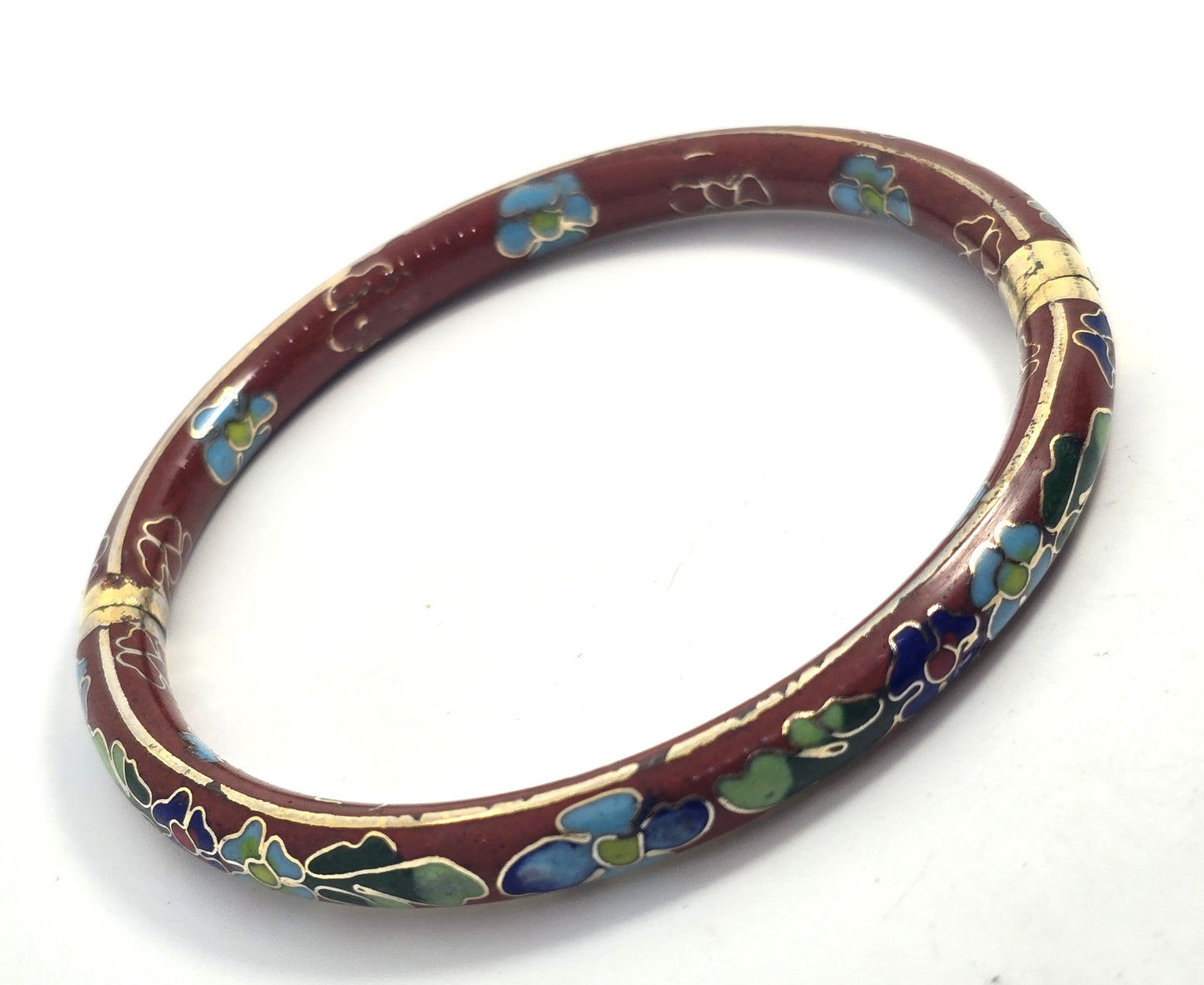 Brown Cloisonne enamel Blue and green flower vintage hinged bangle bracelet