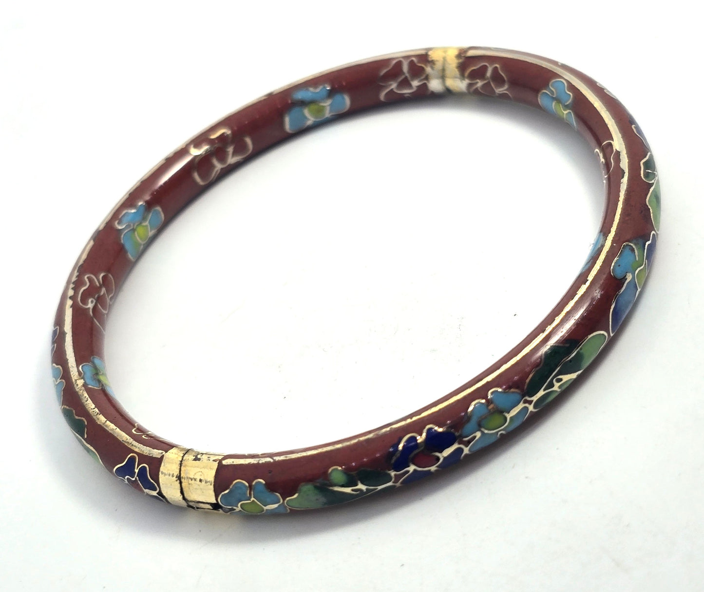 Brown Cloisonne enamel Blue and green flower vintage hinged bangle bracelet
