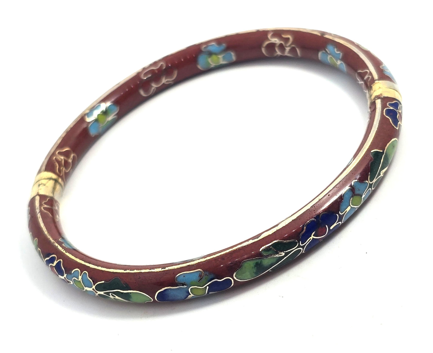 Brown Cloisonne enamel Blue and green flower vintage hinged bangle bracelet
