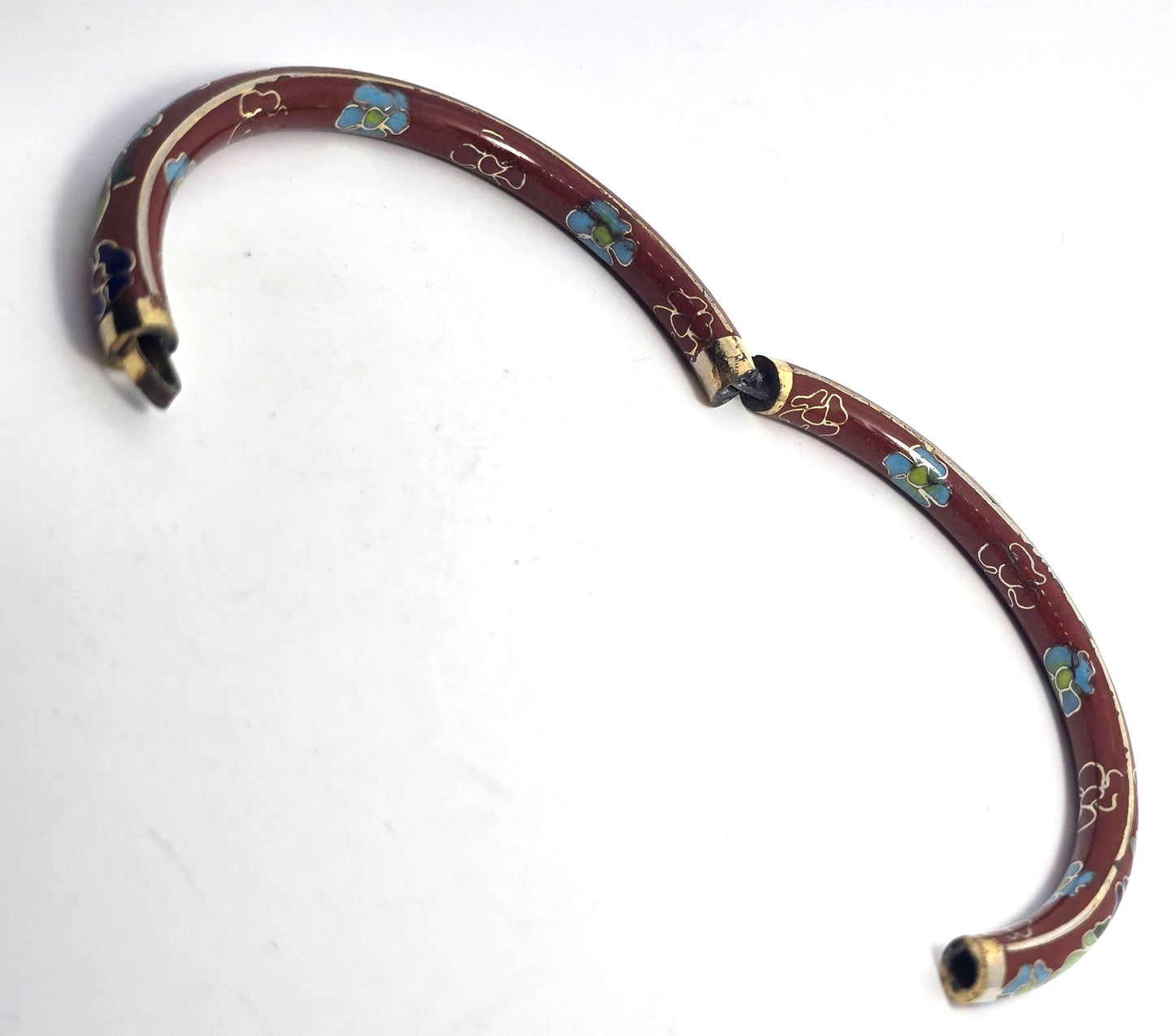 Brown Cloisonne enamel Blue and green flower vintage hinged bangle bracelet