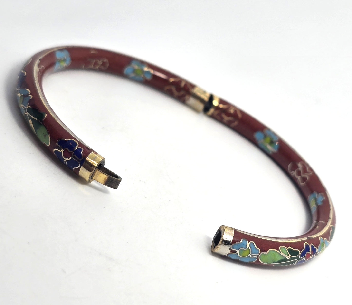 Brown Cloisonne enamel Blue and green flower vintage hinged bangle bracelet