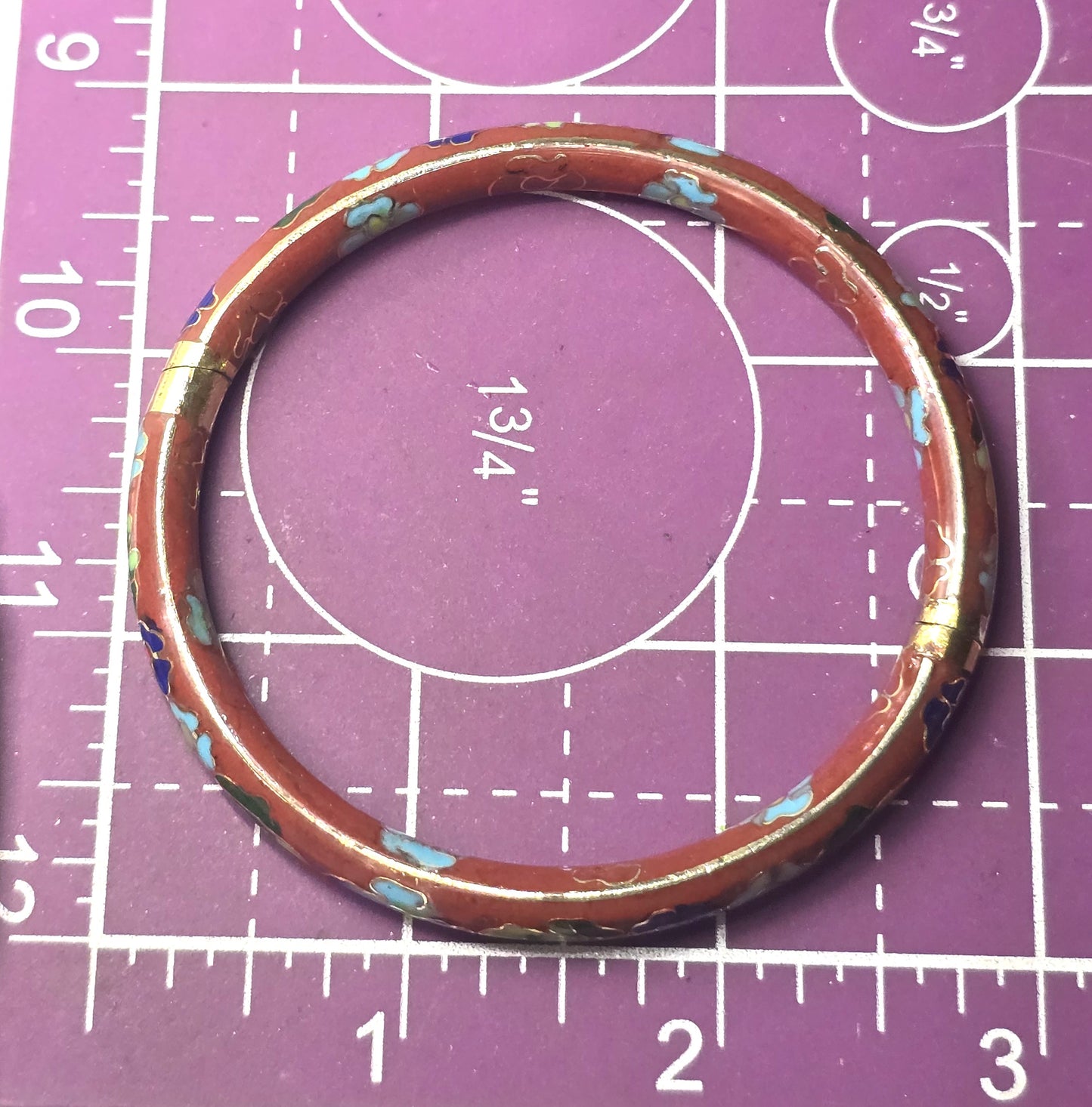 Brown Cloisonne enamel Blue and green flower vintage hinged bangle bracelet
