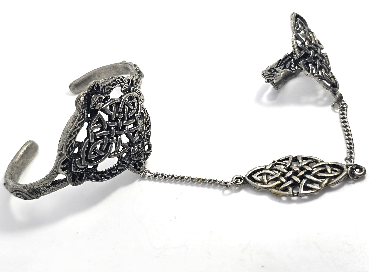 Celtic knot Druid vintage pewter slave bracelet adjustable ring set