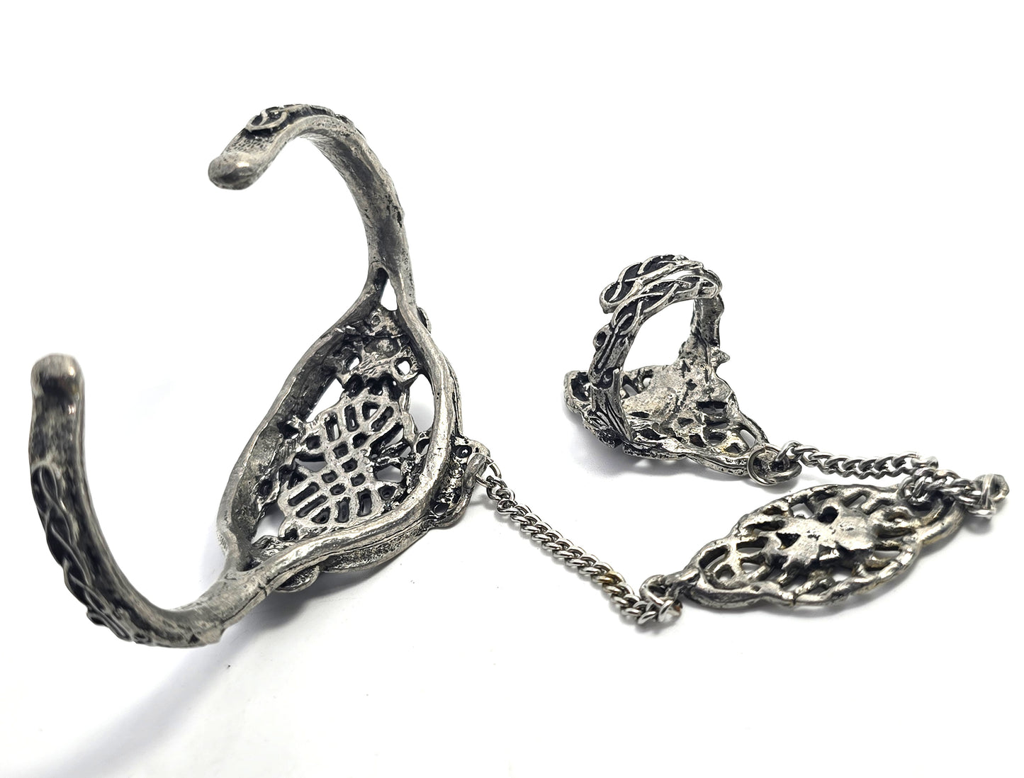 Celtic knot Druid vintage pewter slave bracelet adjustable ring set
