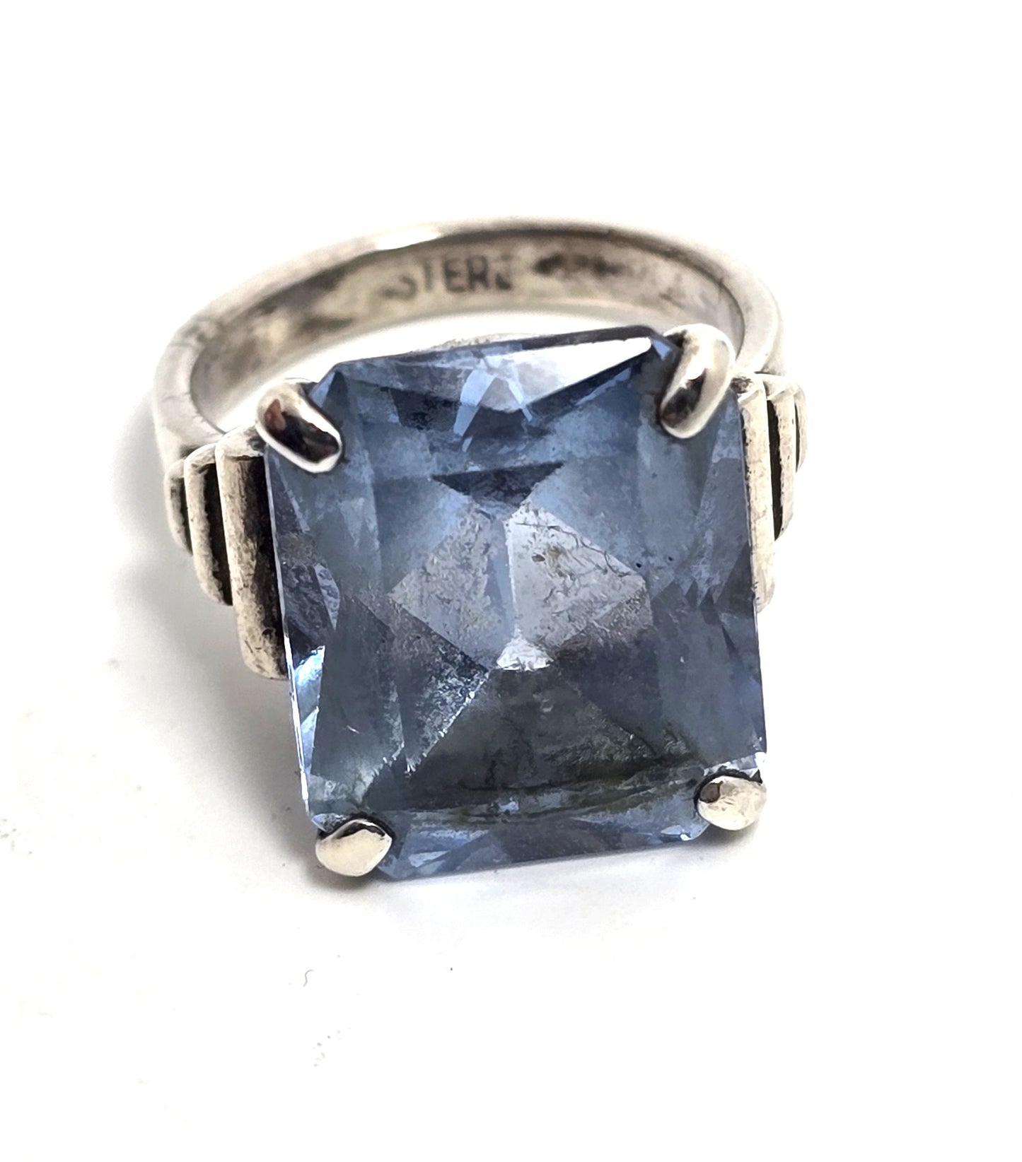 Blue topaz 14.5 carat Emerald cut prong set vintage sterling silver ring size 5.75