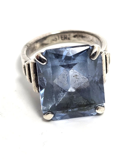 Blue topaz 14.5 carat Emerald cut prong set vintage sterling silver ring size 5.75