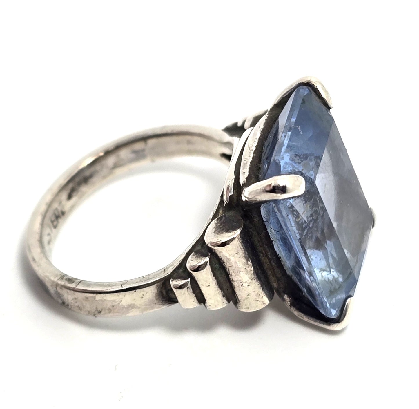 Blue topaz 14.5 carat Emerald cut prong set vintage sterling silver ring size 5.75