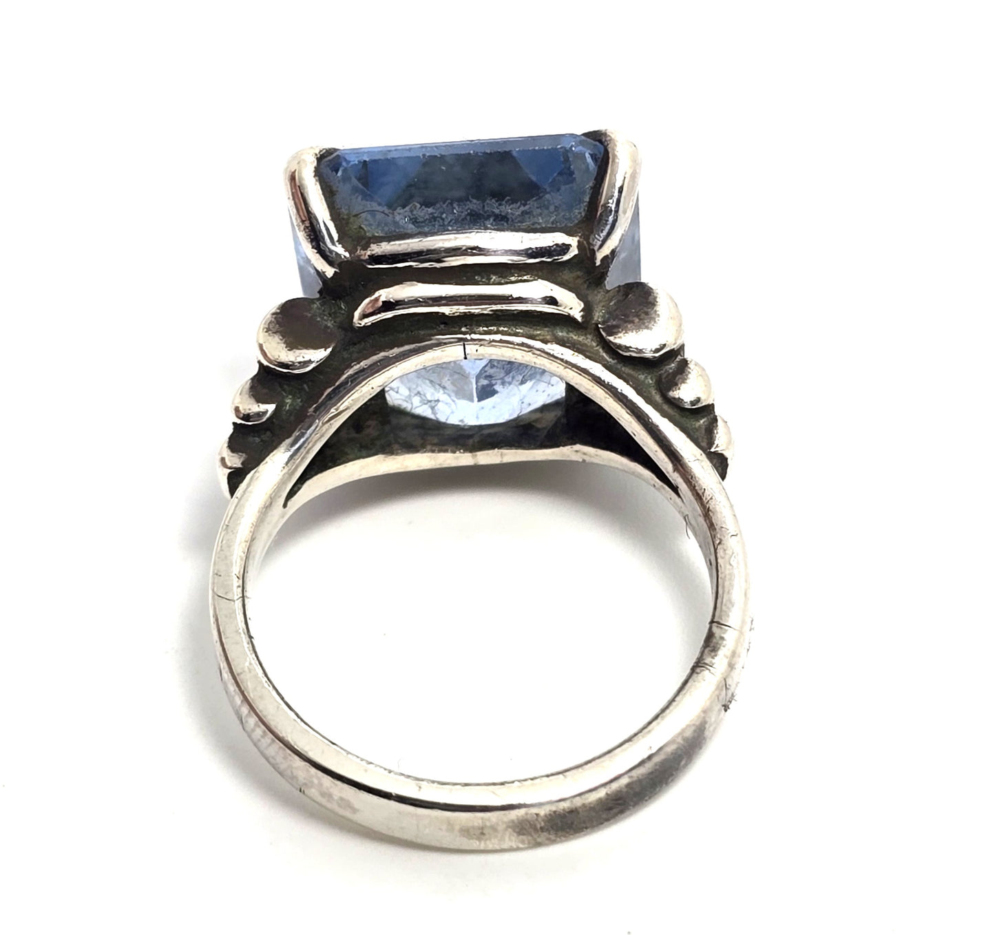 Blue topaz 14.5 carat Emerald cut prong set vintage sterling silver ring size 5.75