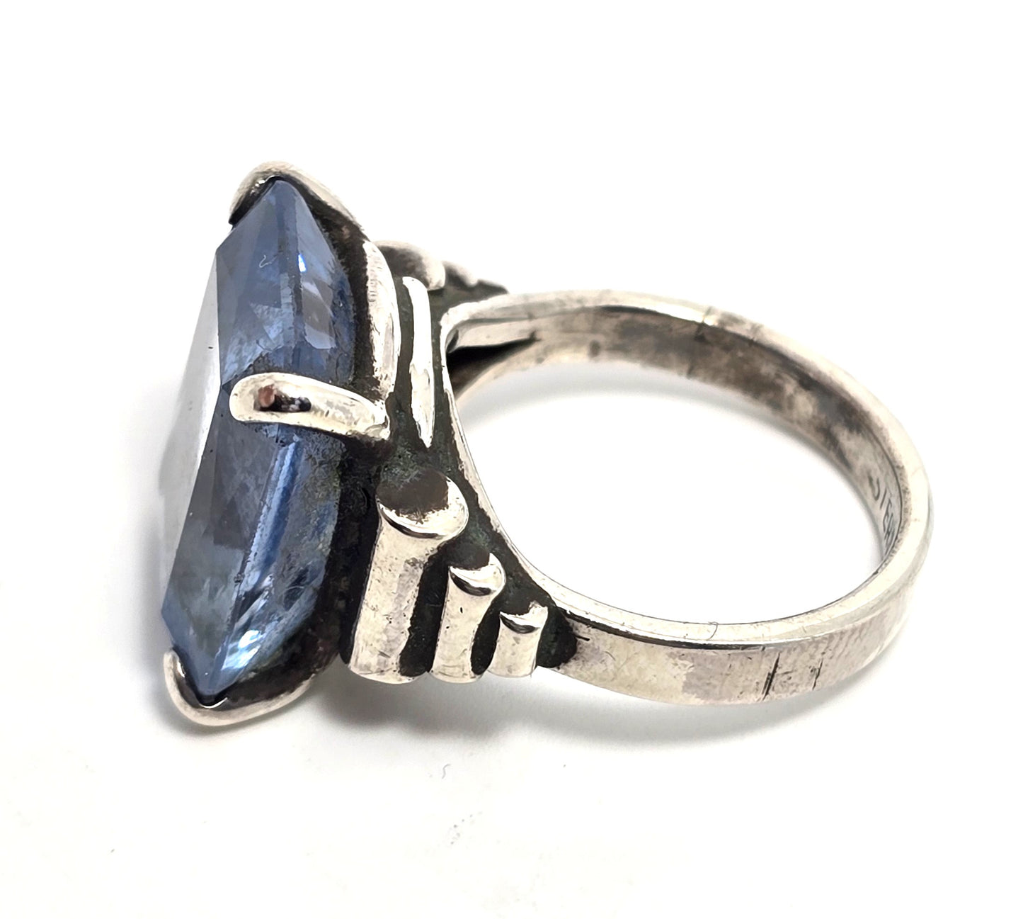 Blue topaz 14.5 carat Emerald cut prong set vintage sterling silver ring size 5.75