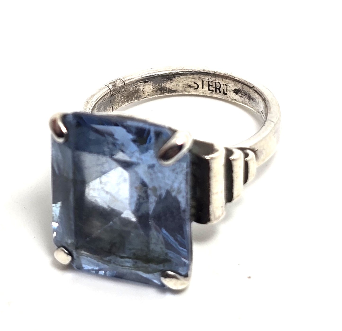 Blue topaz 14.5 carat Emerald cut prong set vintage sterling silver ring size 5.75
