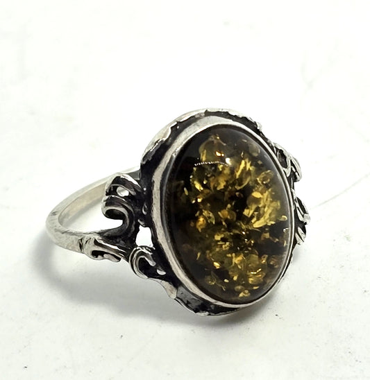Green Amber gemstone sterling silver statement ring size 7 and 1/4