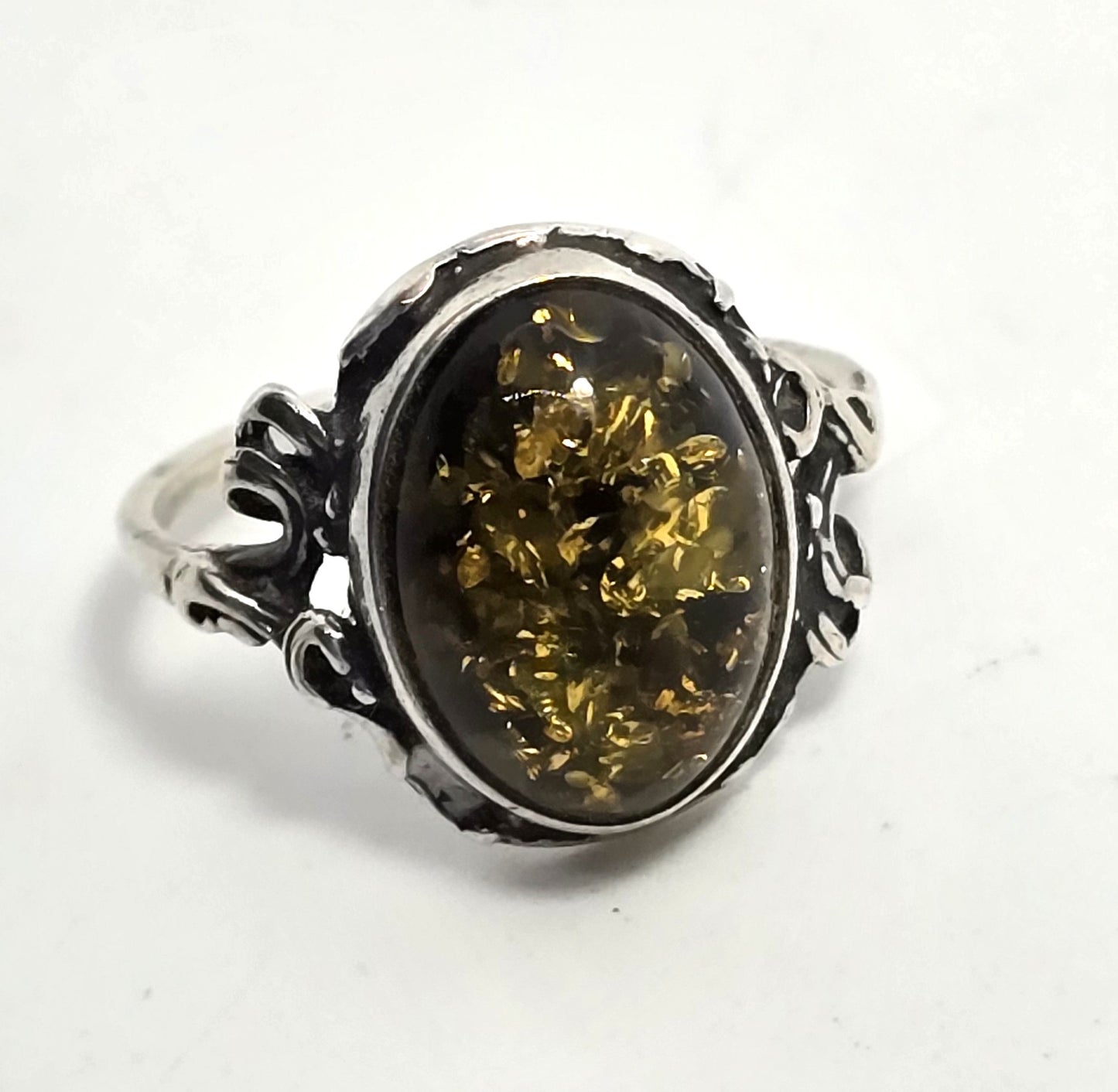 Green Amber gemstone sterling silver statement ring size 7 and 1/4