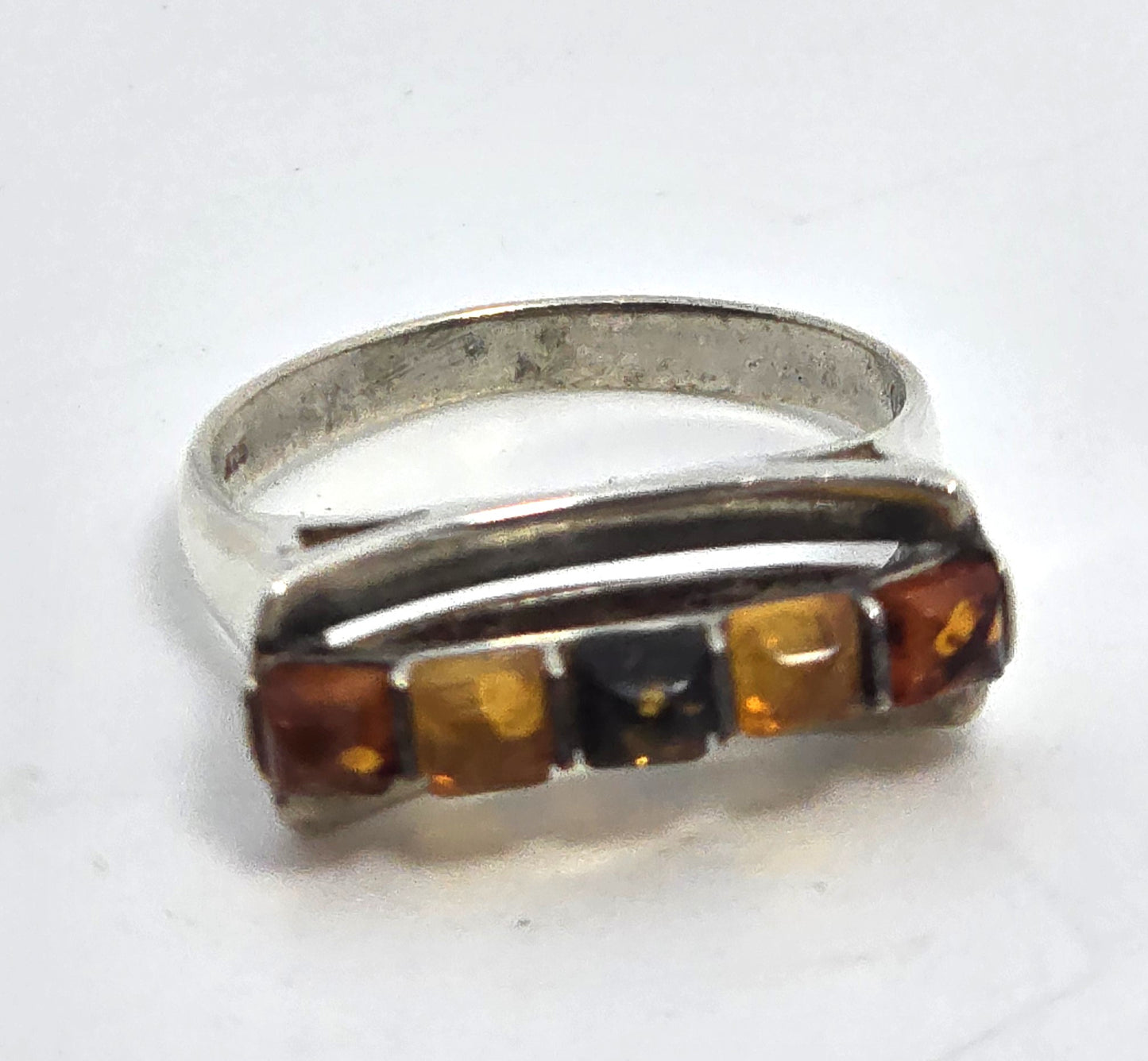 Polish Amber Large three color cab abstract sterling silver statement ring size 7