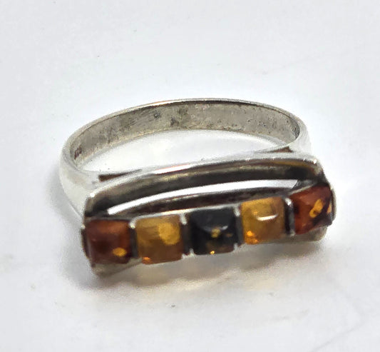 Polish Amber Large three color cab abstract sterling silver statement ring size 7