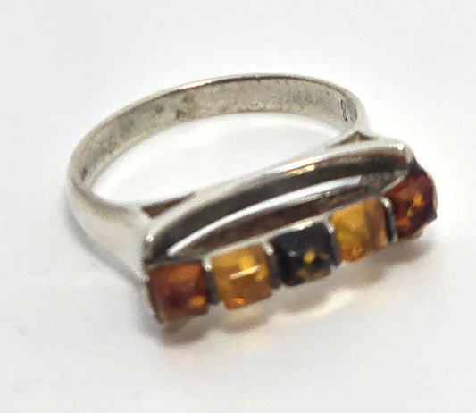 Polish Amber Large three color cab abstract sterling silver statement ring size 7
