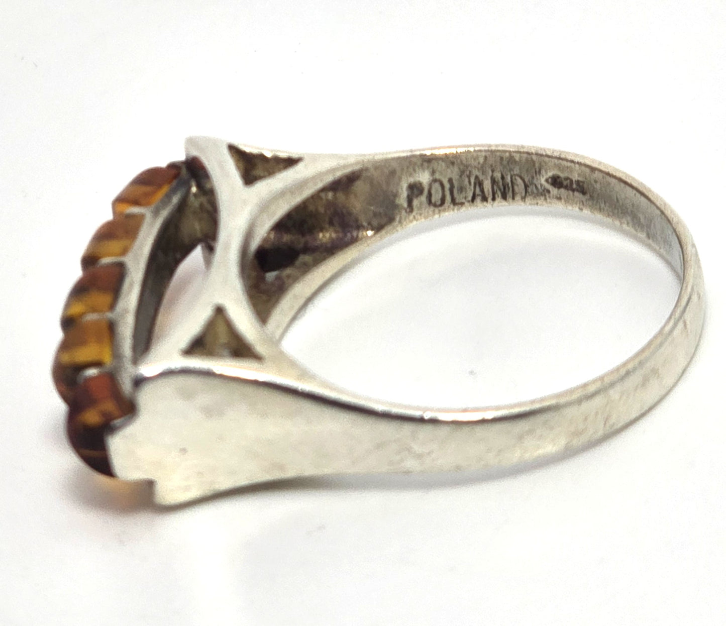 Polish Amber Large three color cab abstract sterling silver statement ring size 7