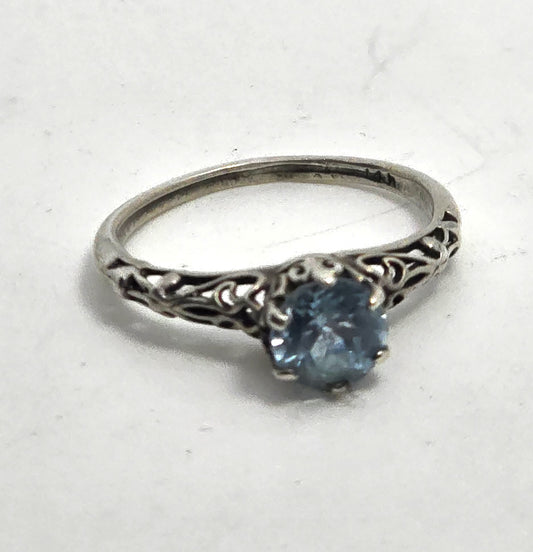Blue Topaz round gemstone vintage filigree scroll sterling silver ring size 6