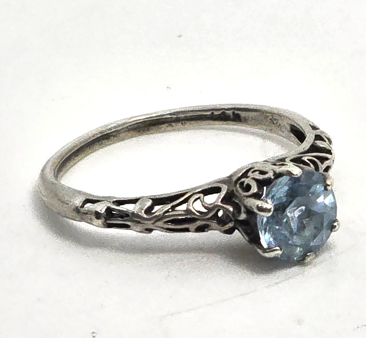 Blue Topaz round gemstone vintage filigree scroll sterling silver ring size 6