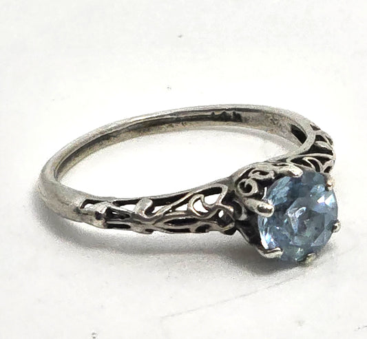 Blue Topaz round gemstone vintage filigree scroll sterling silver ring size 6