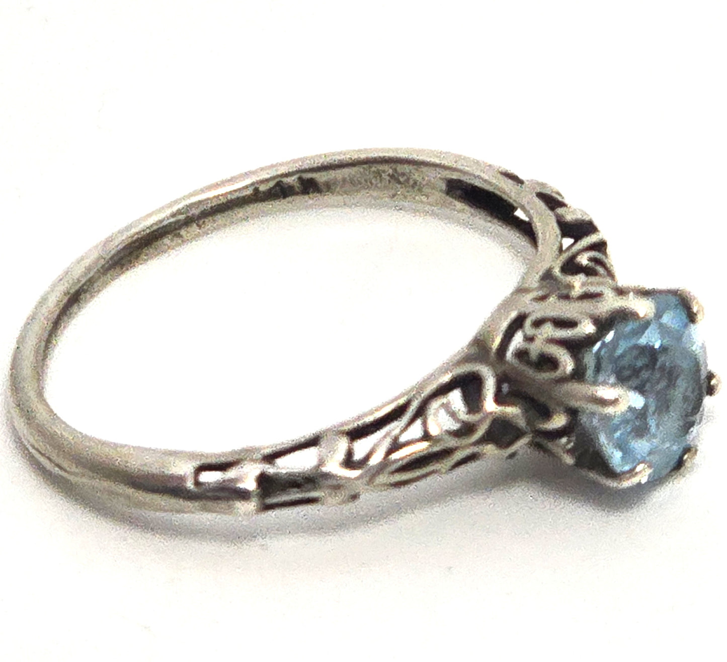 Blue Topaz round gemstone vintage filigree scroll sterling silver ring size 6